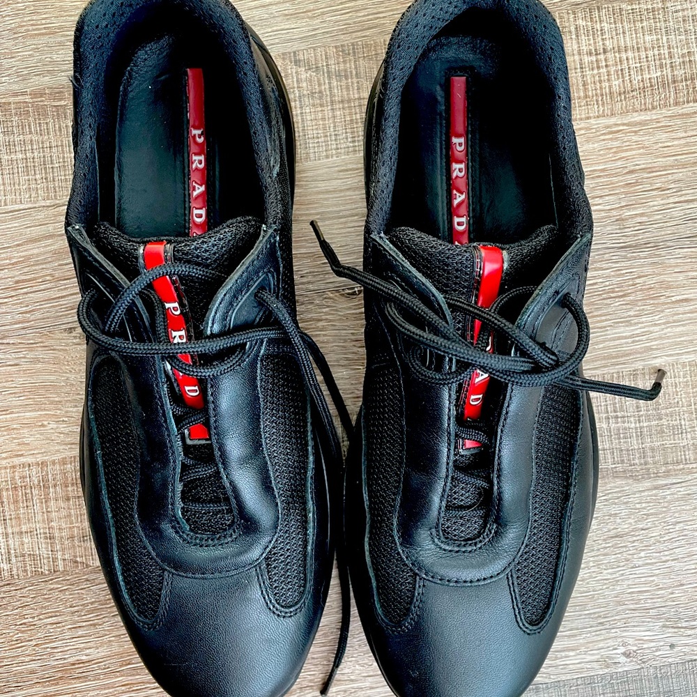 Prada Black Sneakers with Red Logo Stripe